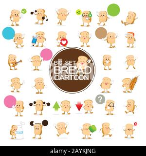 Vector illustration of big set cute bread cartoon, Difference action, and emotion of the character bakery cartoon pack Stock Vector