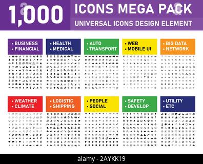 Vector illustration of 1000 icons pack for business, finance, banking, big data, network, social media, technology, SEO, logistic, education, people, Stock Vector