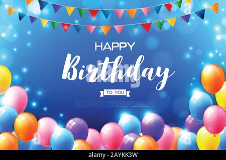 Happy birthday text with a realistic balloon, Vector illustration celebration balloon with a colorful flag, Anniversary birthday light and glittering Stock Vector