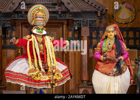 Kathakali performers in the virtuous pachcha green role in Cochin, Kerala, India. Stock Photo