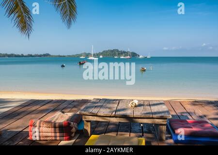 Romantic outdoor beach cafe on the tropical island in Thailand Stock Photo