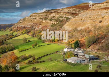 Eglwyseg Rocks near Lllangollen capture from Castell Dinas Bran. Stock Photo