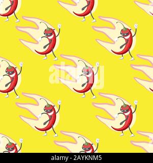Seamless pattern with cartoon character pepper in the glasses and tie smiling at the fire on a yellow background. Vector image Stock Vector