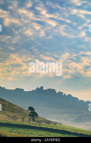 Ramshaw Rocks in the Peak District National Park captured from the Roaches. Stock Photo