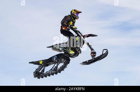 Toronto, Canada. 15th Feb, 2020. Yanick Boucher of Canada competes during the Snowmobile Lite race of the 2020 Royal Distributing Snowcross Races in Innisfil, Ontario, Canada, Feb. 15, 2020. Credit: Zou Zheng/Xinhua/Alamy Live News Stock Photo