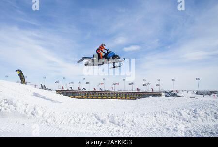 Toronto, Canada. 15th Feb, 2020. Jack Polito of Canada competes during the Snowmobile Lite race of the 2020 Royal Distributing Snowcross Races in Innisfil, Ontario, Canada, Feb. 15, 2020. Credit: Zou Zheng/Xinhua/Alamy Live News Stock Photo