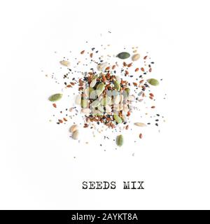 Healthy Seeds Mix for Salads and healthy dishes. Pile of mixed seeds isolated on white background, top view, copy space. Stock Photo