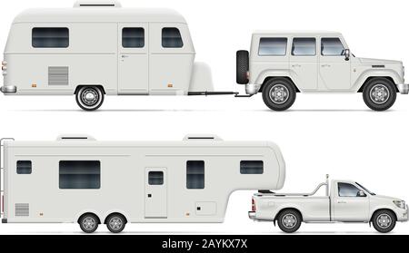 Car pulling RV camping trailer on white background. Side view of fifth wheel camper and truck. Isolated pickup with recreational vehicle Stock Vector