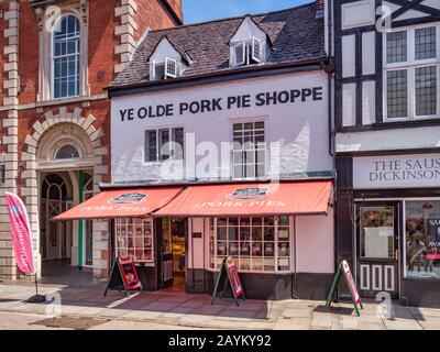 4 July 2019: Melton Mowbray, Leicestershire, UK - The famous Old Pork Pie Shoppe in Nottingham Street. Melton Mowbray is famous as the home of the Por Stock Photo