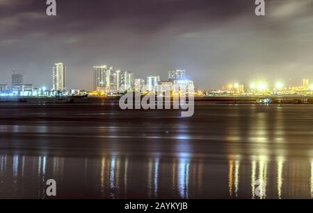 Mainland Penang at night from the Island of Penang Malaysia. Stock Photo