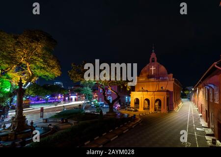 Night view of Malacca (Melaka) typical red colonial building at Dutch Square. Malacca is one of Unesco World Heritage City on the Straits of Melaka. Stock Photo