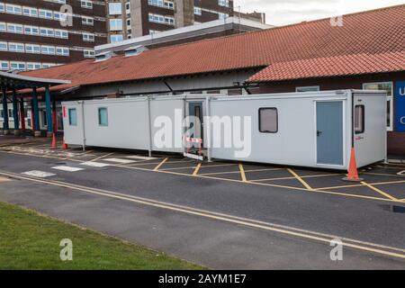 Stockton on Tees, UK.16th February 2020.North Tees Hospital has set up Coronavirus Assessment Pods outside the front entrance to deal with any suspected cases of the virus. Credit: DAVID DIXON / Alamy Stock Photo