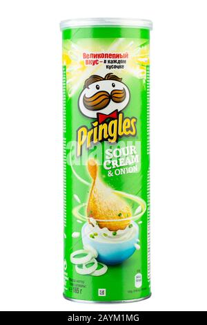 Ukraine, Kiev - December 25. 2019: Pringles chips sour cream & onion pack isolated on white background.  File contains clipping path. Stock Photo