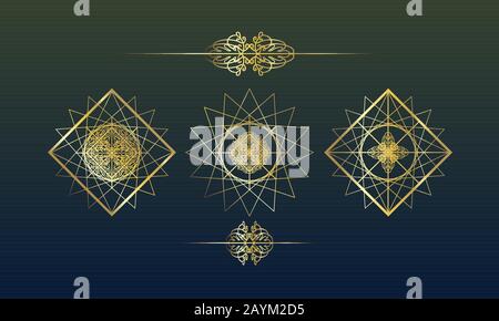 Elegant template with three golden geometric mandalas in eastern style Stock Vector