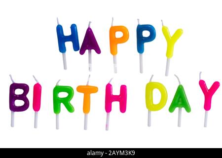 happy birthday candles isolated on white background Stock Photo