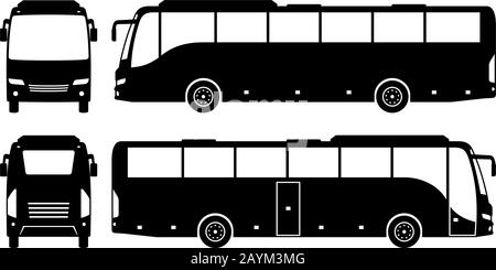 Tourist bus silhouette on white background. Vehicle icons set view from side, front, and back Stock Vector