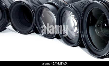 Collection of camera lens isolated on white background. Stock Photo