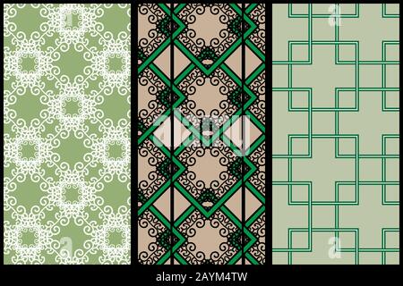 Three abstract green patterns: white lace, black and green ornate pattern and crossing linear squares Stock Vector