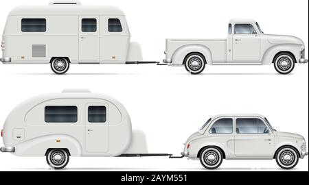 Car pulling RV camping trailer on white background. Side view of pickup truck with recreational vehicle isolated vector illustration. Stock Vector
