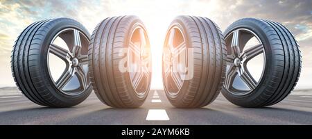 Four car wheel oln the highway with sky background.  Change a tires. 3d illustration Stock Photo