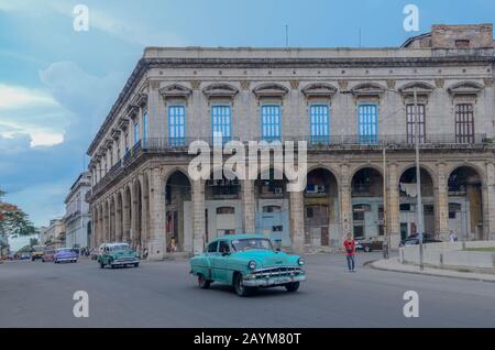 Havana, Cuba: July 6, 2019. Old American cars driving through the streets of Havana. Stock Photo