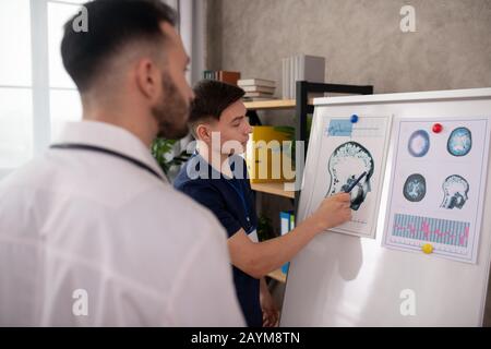 Two young neurologists looking involved while discussing the medical case Stock Photo