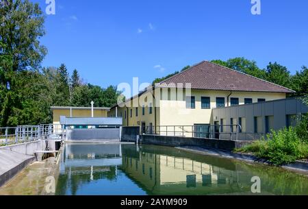 Hydro power station at the Lochbach canal in the city forest of Augsburg Stock Photo