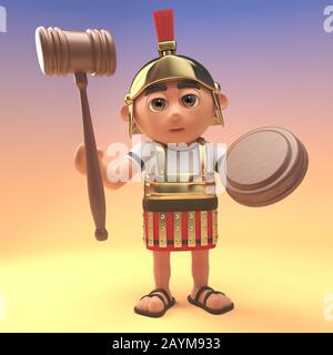 Funny cartoon Roman centurion soldier holding an auction gavel, 3d illustration render Stock Photo