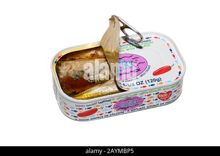 An opened can of Bela brand lightly smoked sardines in olive oil with piri-piri isolated on a white background. cutout image for editorial use. Stock Photo