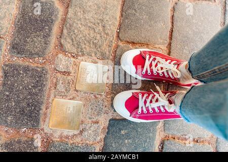 DRESDEN, GERMANY - 20 MAY 2018: Memorial cobblestones in memory of the Jews who lived and worked on this street during the Holocaust Stock Photo