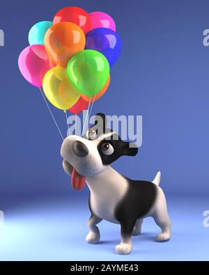 Renderd image of a cartoon black and white puppy dog in 3d playing with colored balloons Stock Photo