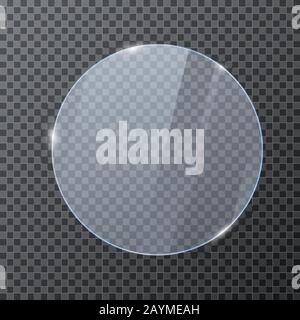 Round glass banner. Glossy frame template with reflection isolated on transparent background. Vector illustration Stock Vector