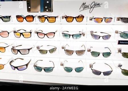 16 MAY 2018, BUDAPEST HUNGARY: Fancy Maui Jim sunglasses in a store Stock Photo