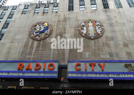 New York City, USA - August 3, 2018: Sign of the Radio city hall at NBC Studios headquarters announcing the performance of Ringo Starr in Manhattan, N Stock Photo