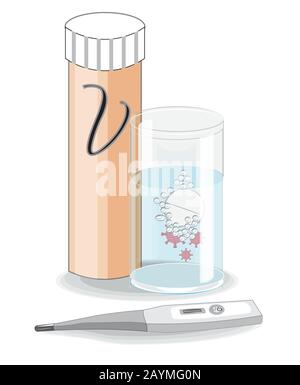 antiviral vaccine. Effervescent pill in glass of water kills virus and thermometer. Wuhan seafood market pneumonia virus. Medical flask. coronavirus 2 Stock Vector