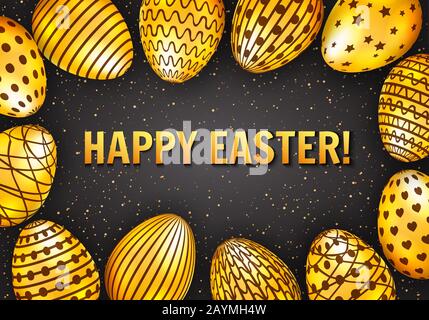 Happy Easter greeting card with golden eggs on dark background. Vector illustration Stock Vector