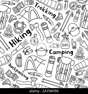 Hiking or backpacking seamless pattern. Countryside sport background. Camping doodle print. Black and white. Vector illustration. Stock Vector