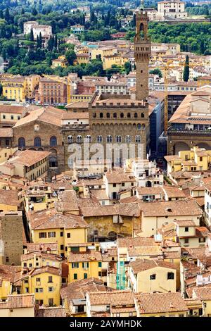 Top view of Florence from the Dome of Santa Maria del Fiore. Elevated view on historical center of Florence. Panorama of medieval town on sunny summer Stock Photo