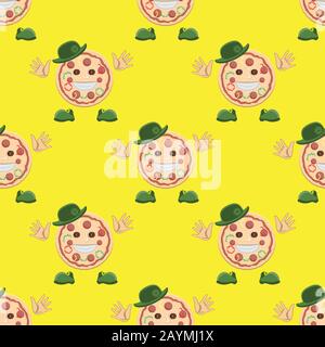 Seamless pattern of a pizza character in a hat with hands and shoes on a yellow background. Vector image Stock Vector