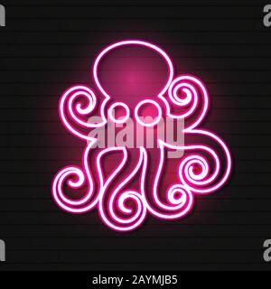 Neon Octopus On A Brick Background Vector Illustration Stock Vector