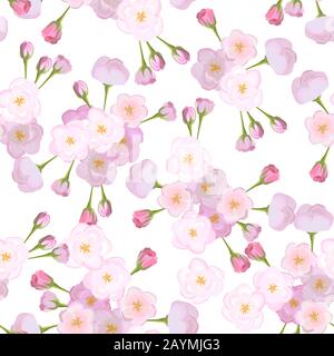 Vector bright cherry flowers on white background seamless Stock Vector