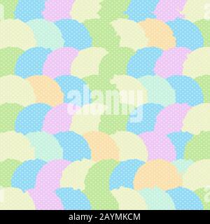 Abstract Geometric Pattern with Circle Segments and Polka Dots Ornament of Pastel Baby Colors, Fabric or Wrapping Paper Print Pink Blue Green Orange a Stock Vector