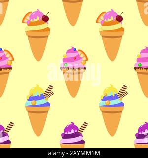 Vector seamless pattern. Ice cream cones on yellow background. Summer set Stock Vector