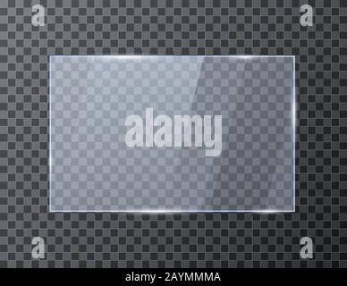 Empty rectangle glass banner. Glossy frame template with reflection. Vector illustration isolated on transparent background Stock Vector