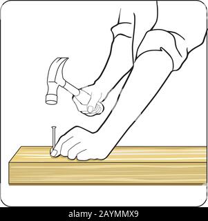 Craftsman with hammer and nail, vector - illustration Stock Vector