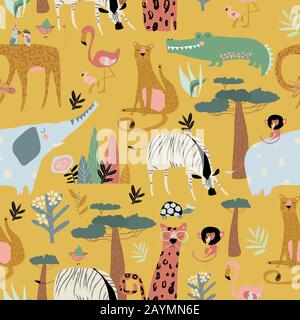 Seamless pattern of wild animals on yellow background Stock Vector