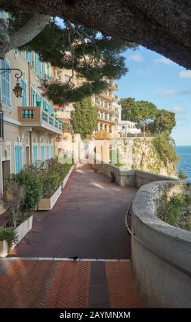 Monaco - April 05, 2019: Pedestrian walkway on Ruelle Sainte-Barben street near Prince's Palace of Monaco and viewpoint. Stock Photo