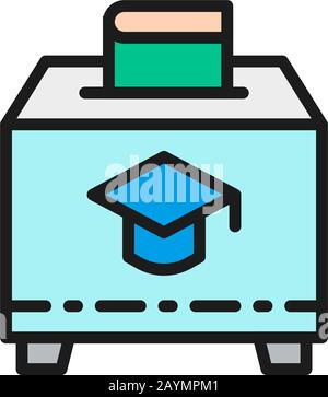 Charity box with book, donation to education flat color line icon. Stock Vector