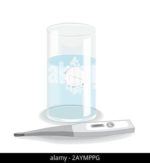 antiviral vaccine. Effervescent pill in glass of water kills virus and thermometer. Wuhan seafood market pneumonia virus. Medical flask. coronavirus 2 Stock Vector