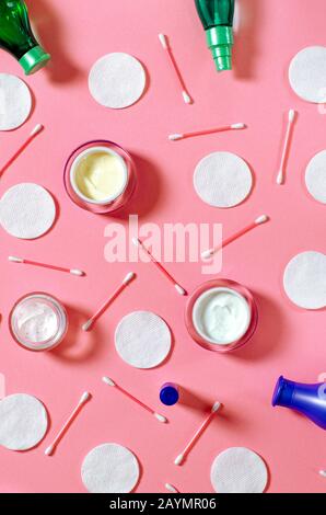 Facial skin care concept. Top view, flat lay beauty background with various facial cosmetic products on background Stock Photo